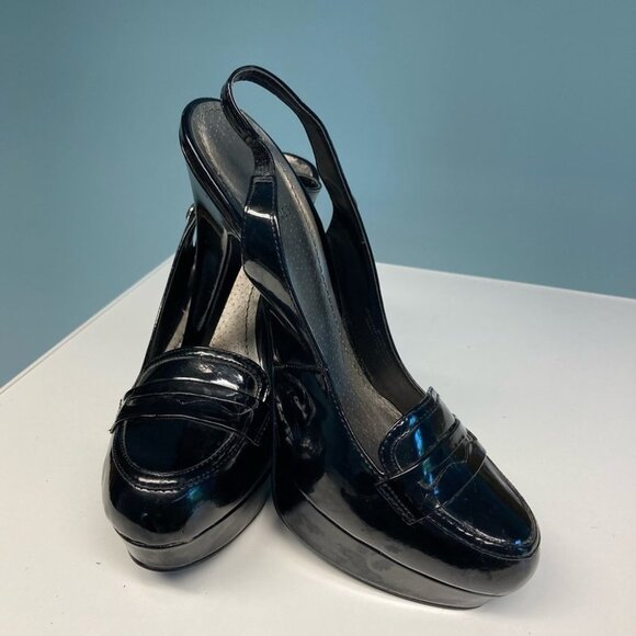 GUESS Sz 9 Patent Leather Sling Backs Front Platform Heels  Shoes - Picture 1 of 7